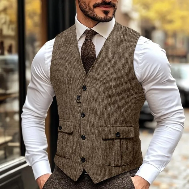 Men's Vintage Herringbone Pocket V-Neck Single Breasted Suit Vest 22210914Y sold by Manly product image thumbnail 2