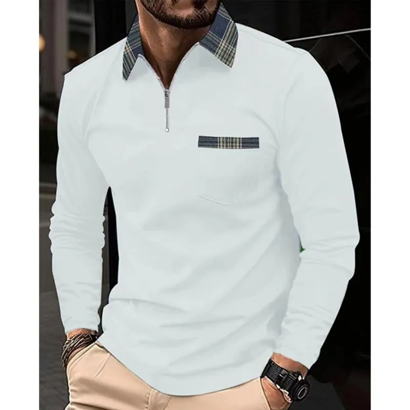 Men's Plaid Printed Stitching Zipper Lapel Pocket Long Sleeve Polo Shirt 36931085Y sold by Manly product image thumbnail 4