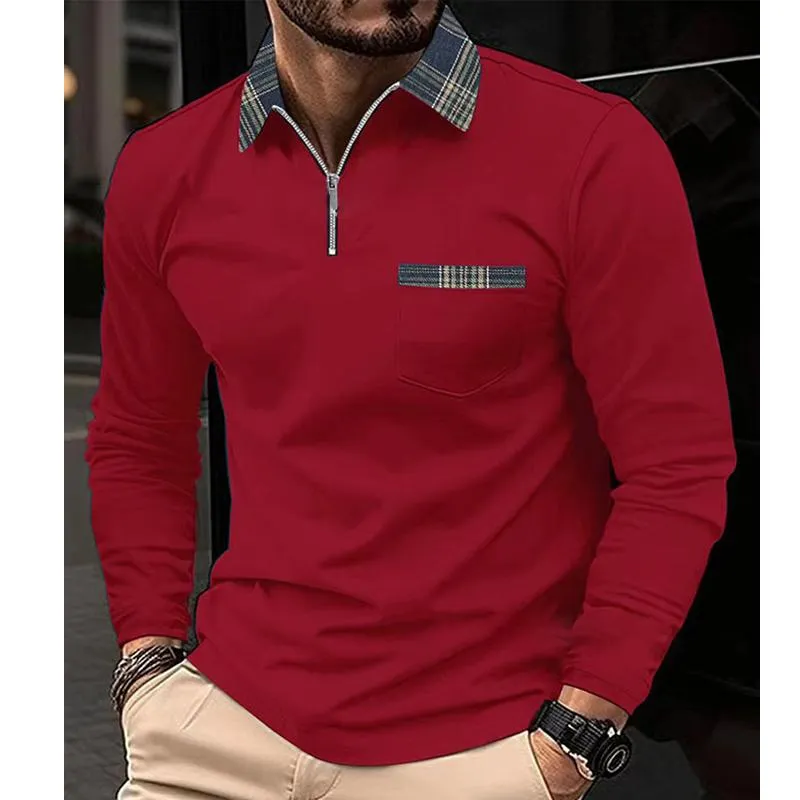 Men's Plaid Printed Stitching Zipper Lapel Pocket Long Sleeve Polo Shirt 36931085Y sold by Manly product image thumbnail 2