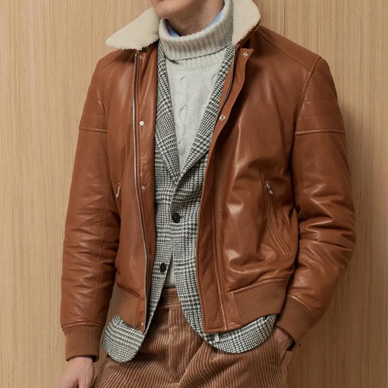 Men's Vintage Fur Collar Zip Fly Patchwork Leather Bomber Jacket 92288130M sold by Manly product image thumbnail 2