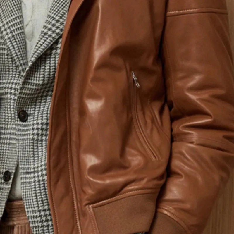 Men's Vintage Fur Collar Zip Fly Patchwork Leather Bomber Jacket 92288130M sold by Manly product image thumbnail 3