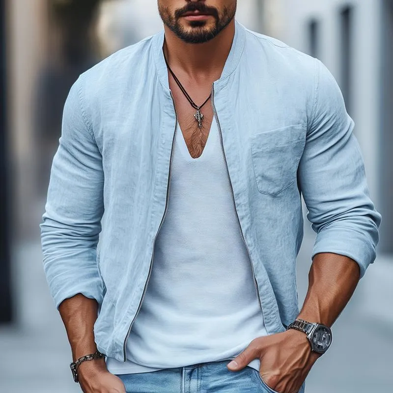 Men's Fashion Solid Cotton And Linen Stand Collar Chest Pocket Zipper Jacket 82267532Z sold by Manly product image thumbnail 2