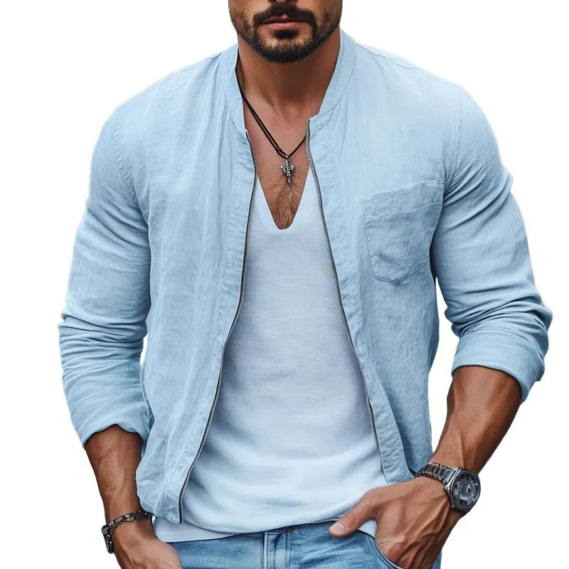 Men's Fashion Solid Cotton And Linen Stand Collar Chest Pocket Zipper Jacket 82267532Z sold by Manly