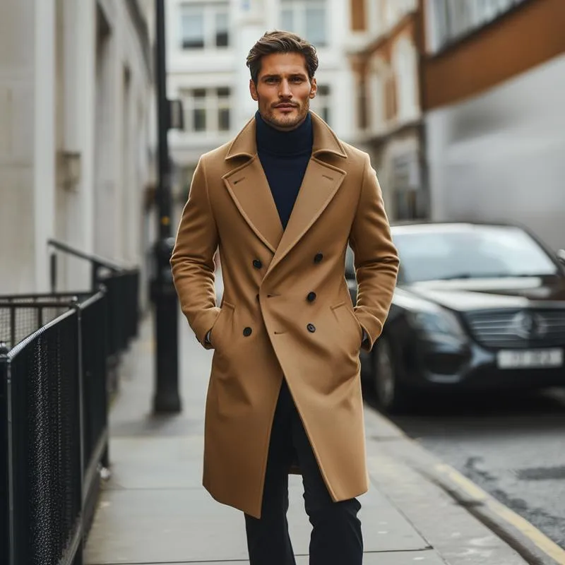 Men's Fashion Solid Lapel Double Breasted Long Coat 87497080Z sold by Manly product image thumbnail 4