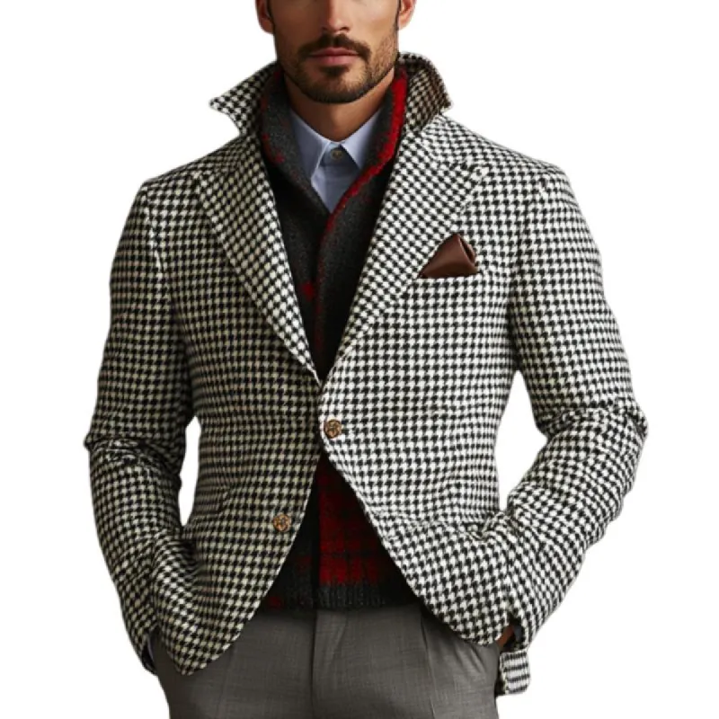 Men's Retro Business Houndstooth Lapel Single Breasted Blazer 63267602Y sold by Manly
