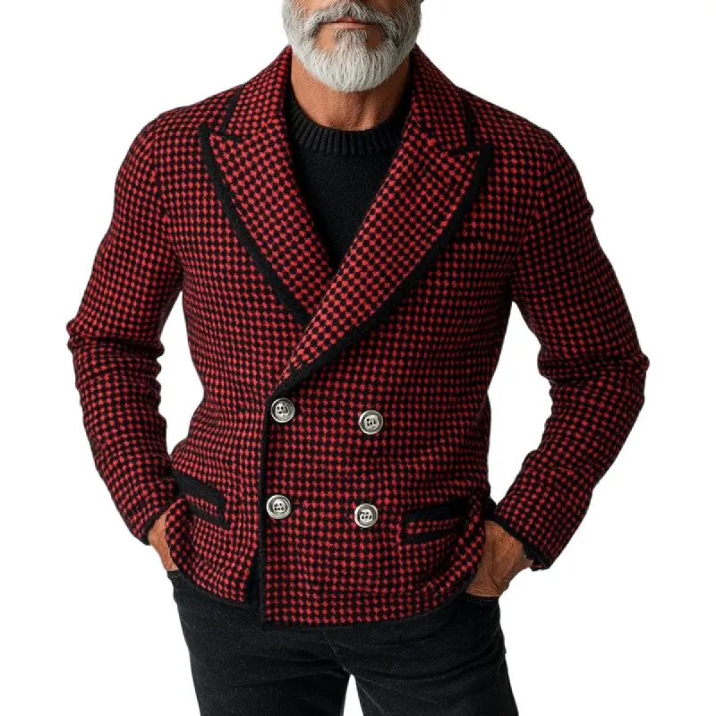 Men's Vintage Houndstooth Jacquard Peak Lapel Double Breasted Knit Cardigan 75495478Y sold by Manly