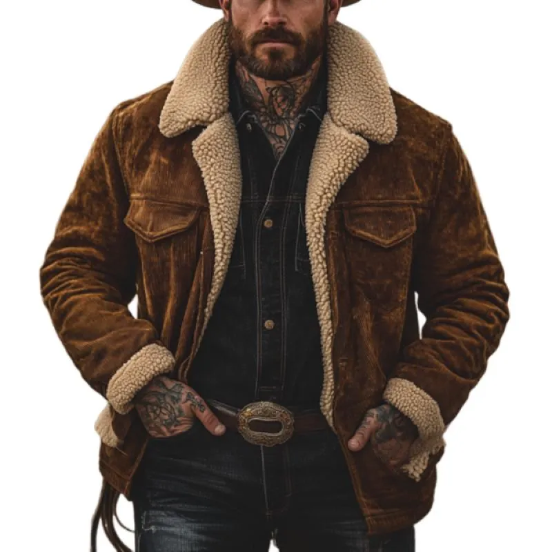 Men's Retro Solid Color Corduroy Lambswool Lining Warm Shorts Coat 17217608Y sold by Manly