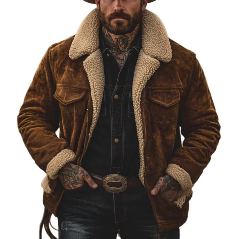 Men's Retro Solid Color Corduroy Lambswool Lining Warm Shorts Coat 17217608Y sold by Manly