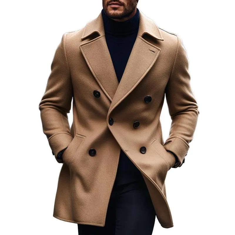 Men's Fashion Solid Lapel Double Breasted Mid-length Coat 21978924Z sold by Manly