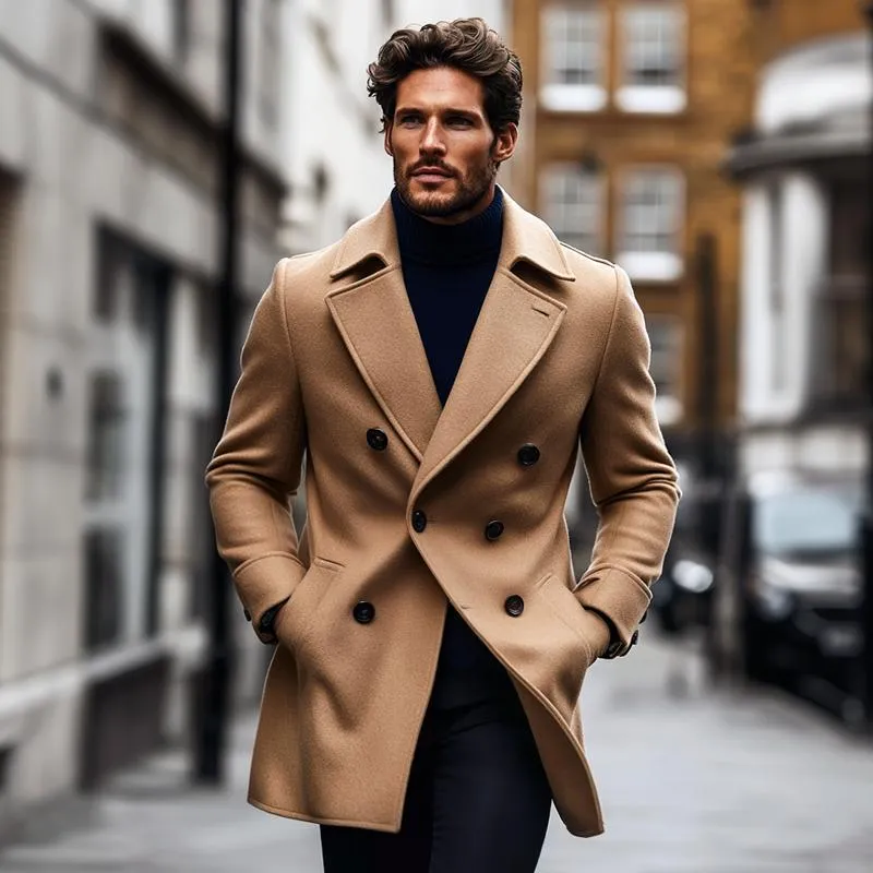 Men's Fashion Solid Lapel Double Breasted Mid-length Coat 21978924Z sold by Manly product image thumbnail 4