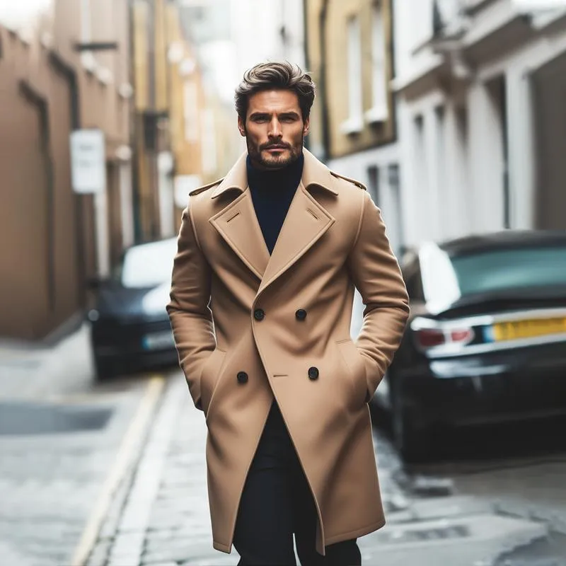 Men's Fashion Notch Lapel Double Breasted Long Coat 70466731Z sold by Manly product image thumbnail 4