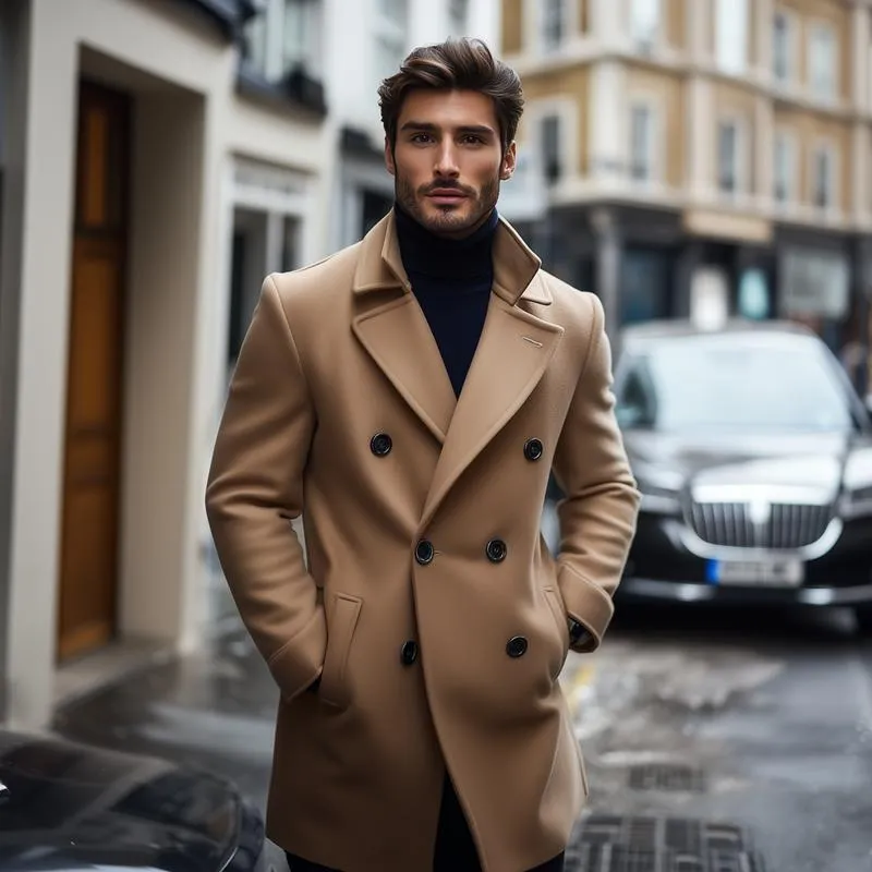 Men's Fashion Solid Double-layer Lapel Double Breasted Mid-length Coat 46373646Z sold by Manly product image thumbnail 4