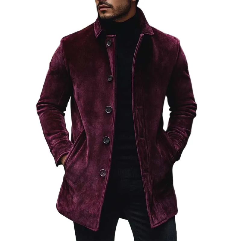 Men's Vintage Classic Stand Collar Thigh-Length Pocket Button Suede Coat 59019444K sold by Manly