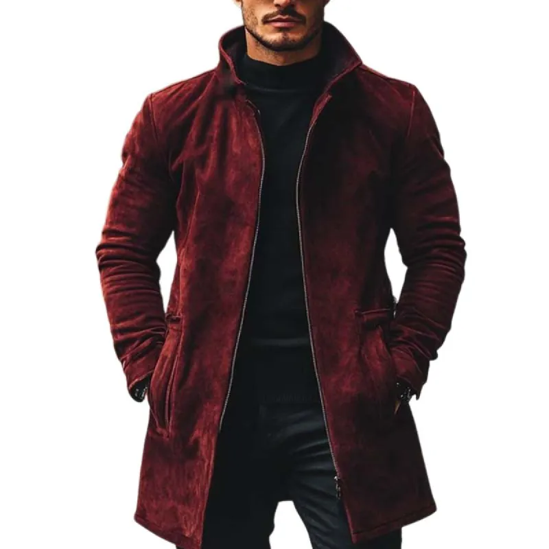 Men's Vintage Classic Stand Collar Thigh-Length Pocket Zipper Suede Coat 38493691K sold by Manly