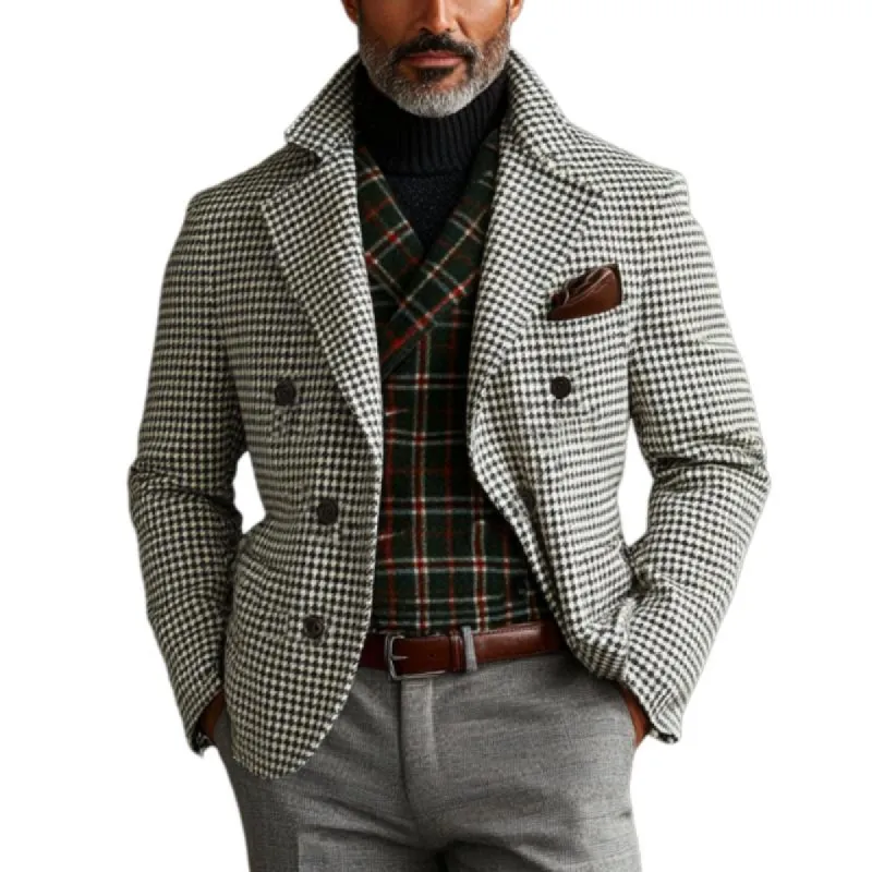 Men's Retro Business Houndstooth Lapel Double Breasted Blazer 24586108Y sold by Manly