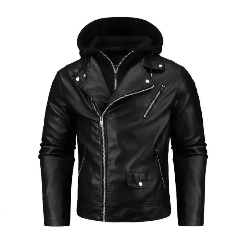 Men's Fashion Zipper Multi-Pocket Hooded PU Bomber Jacket 18891002M sold by Manly