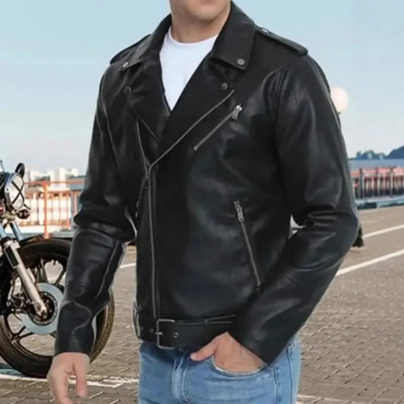 Men's Stylish Notch Lapel Zip-up Leather Motorcycle Jacket 42941184M sold by Manly product image thumbnail 5
