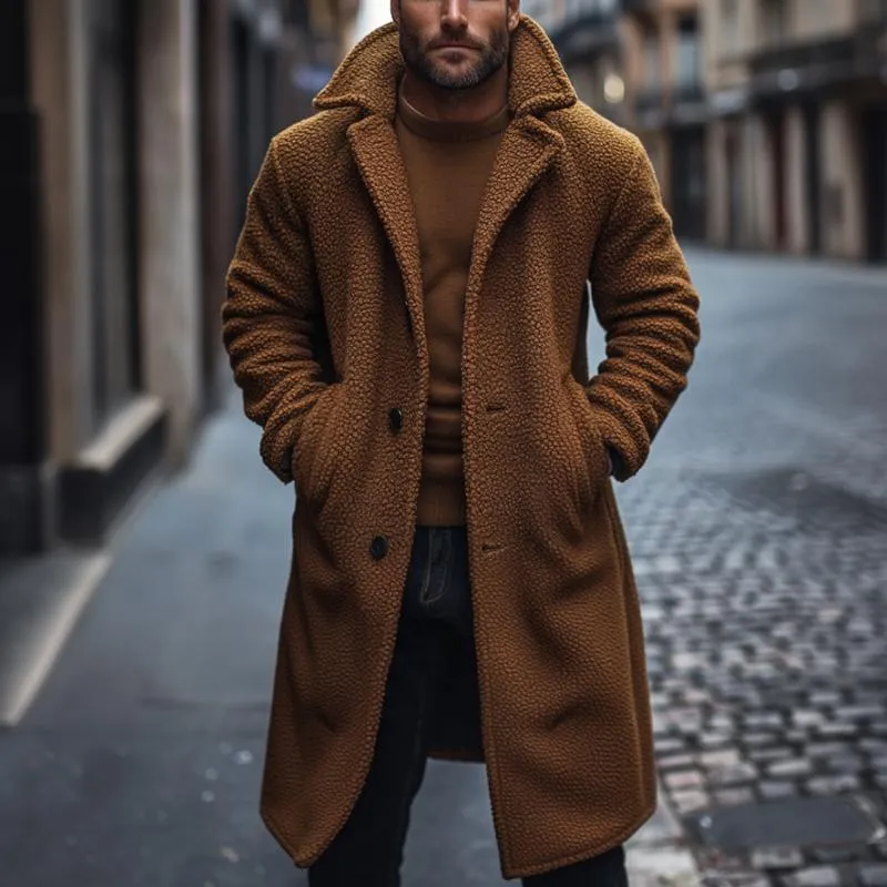 Men's Retro Casual Solid Color Polar Fleece Mid-Length Single-Breasted Coat 10119650TO sold by Manly product image thumbnail 2