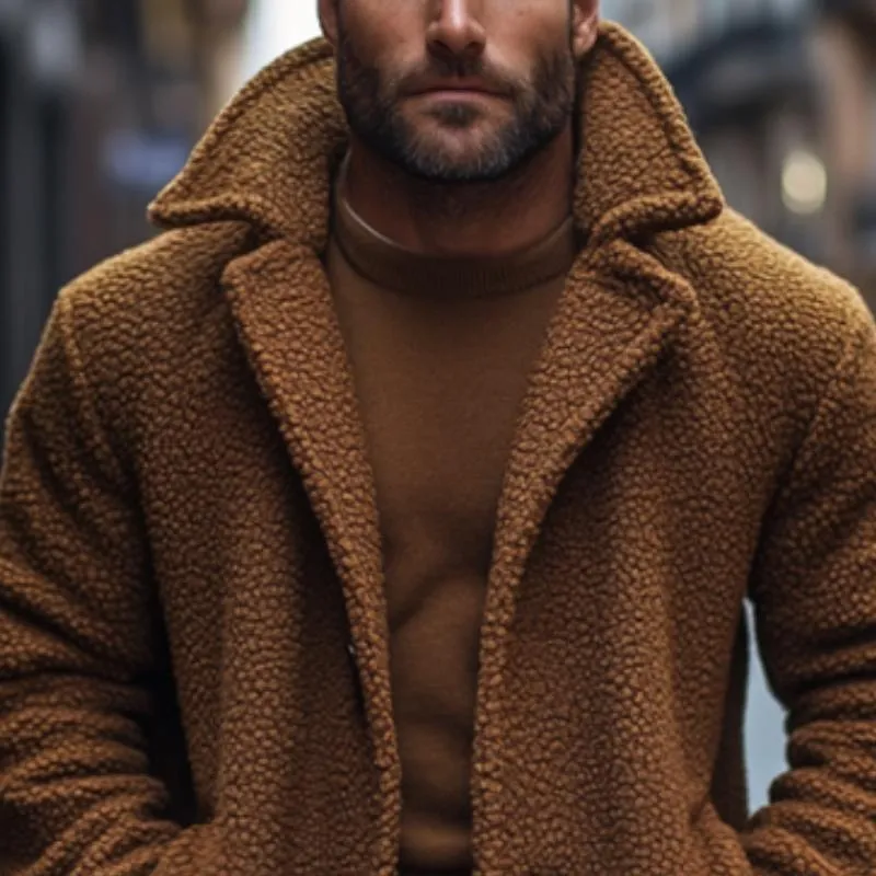 Men's Retro Casual Solid Color Polar Fleece Mid-Length Single-Breasted Coat 10119650TO sold by Manly product image thumbnail 3