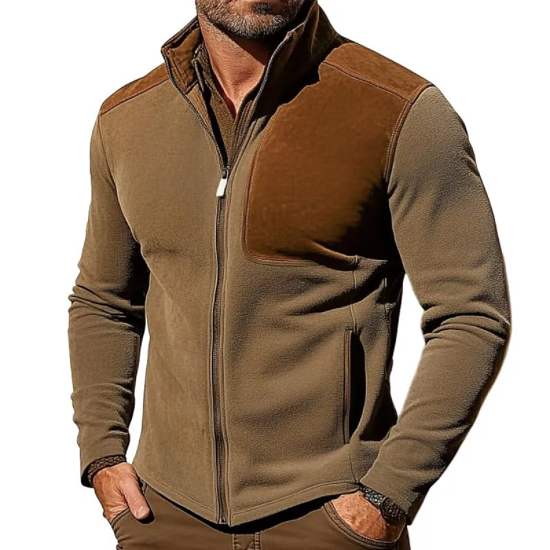 Men's Retro Casual Colorblock Slim Fit Polar Fleece Stand Collar Zipper Jacket 74628932TO sold by Manly