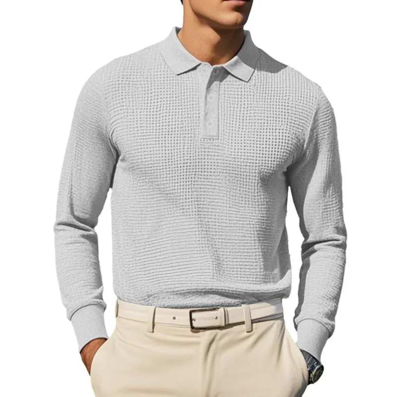 Men's Casual Waffle Lapel Button-Down Slim Fit Long Sleeve Polo Shirt 71705639M sold by Manly