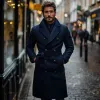 Men's Classic Wool Blend Notch Lapel Double Breasted Knee-Length Coat 81882209M sold by Manly