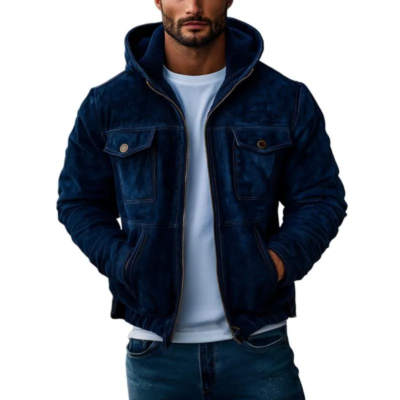 Men's Casual Suede Loose Hooded Zippered Bomber Jacket 20052472M sold by Manly