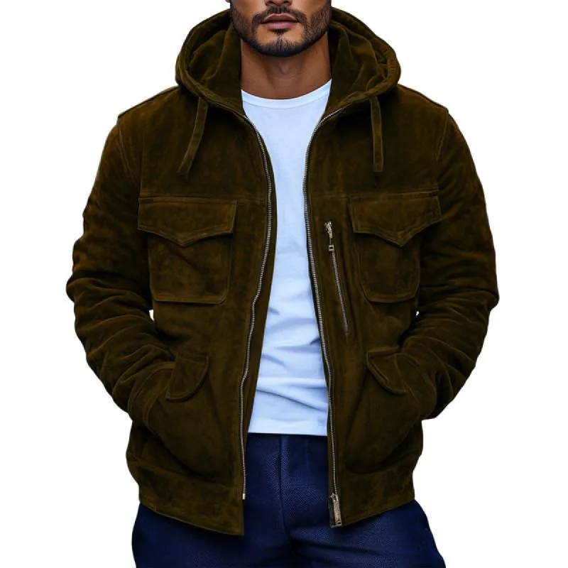 Men's Casual Suede Multi-pocket Loose Hooded Bomber Jacket 51967659M sold by Manly