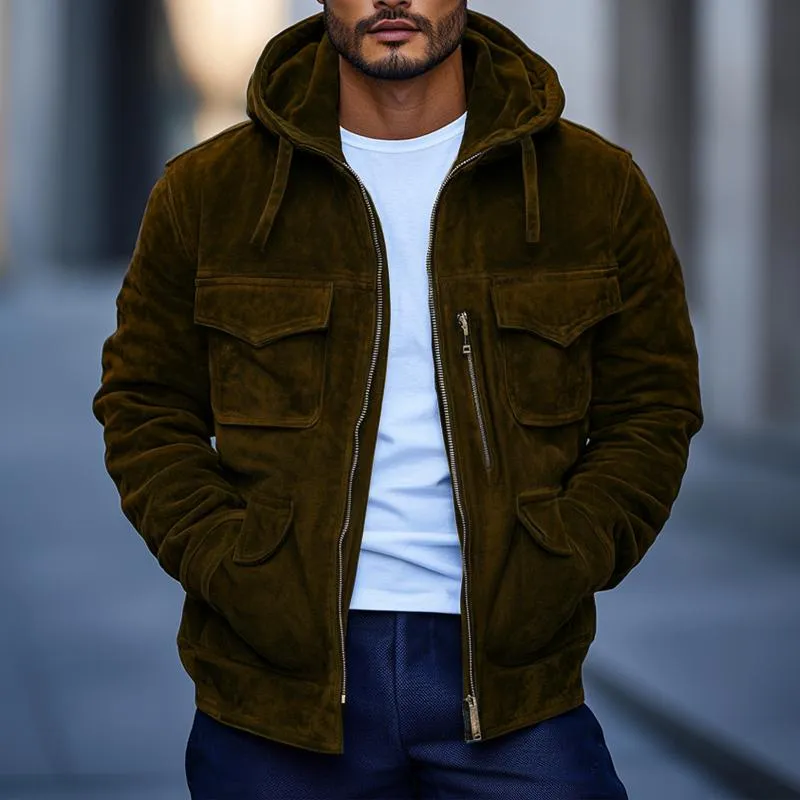 Men's Casual Suede Multi-pocket Loose Hooded Bomber Jacket 51967659M sold by Manly product image thumbnail 2