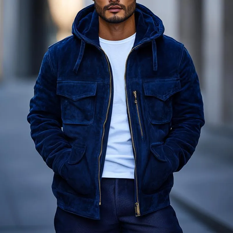 Men's Casual Suede Multi-pocket Loose Hooded Bomber Jacket 51967659M sold by Manly product image thumbnail 4