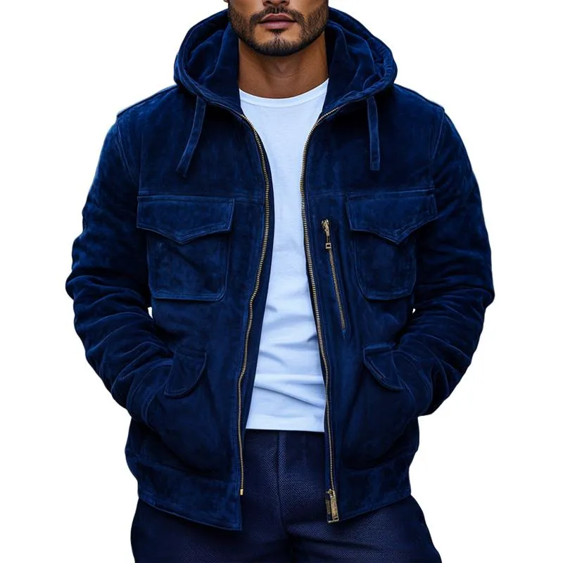Men's Casual Suede Multi-pocket Loose Hooded Bomber Jacket 51967659M sold by Manly product image thumbnail 3