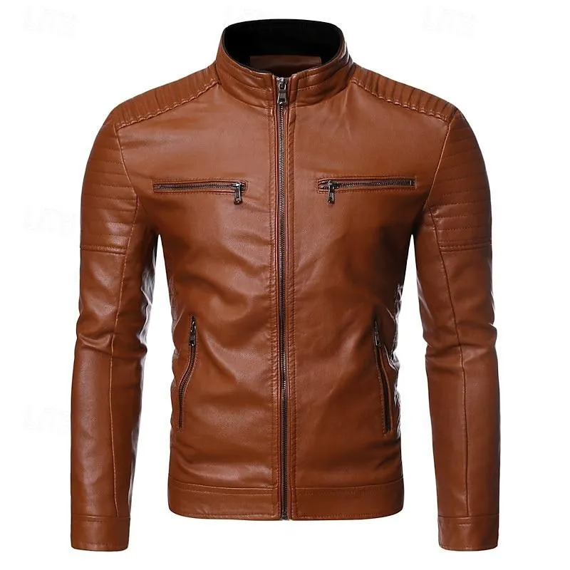 Men's Casual Stand Collar Zippered Chest Pocket Motorcycle Leather Jacket 46350057Y sold by Manly product image thumbnail 2