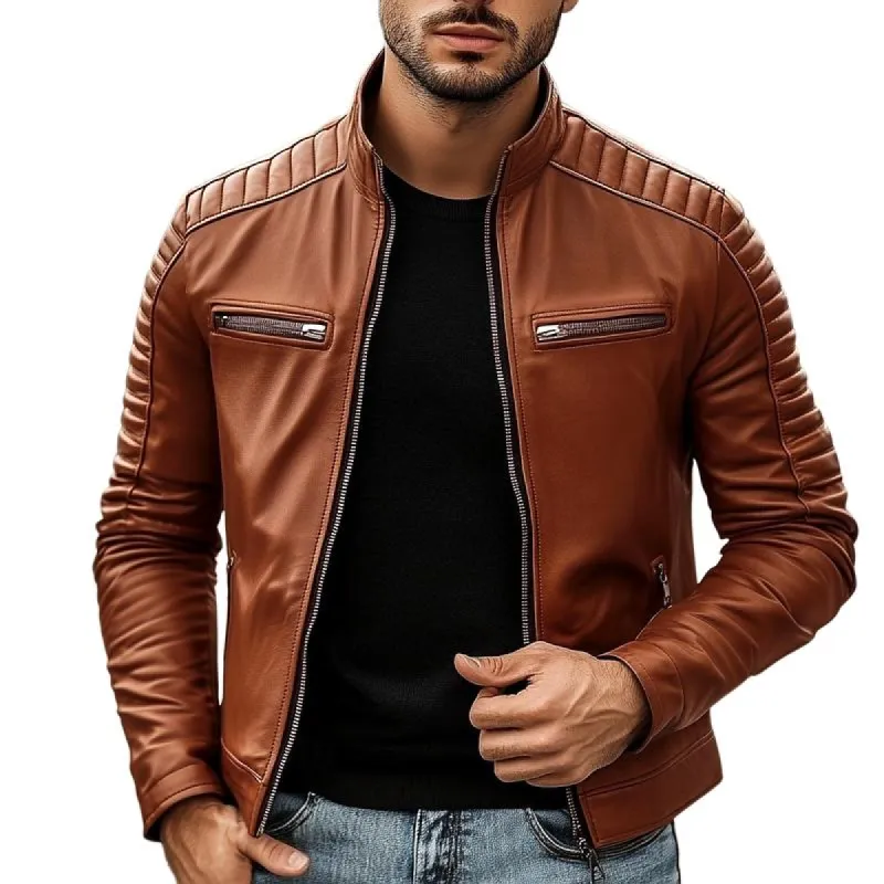 Men's Casual Stand Collar Zippered Chest Pocket Motorcycle Leather Jacket 46350057Y sold by Manly