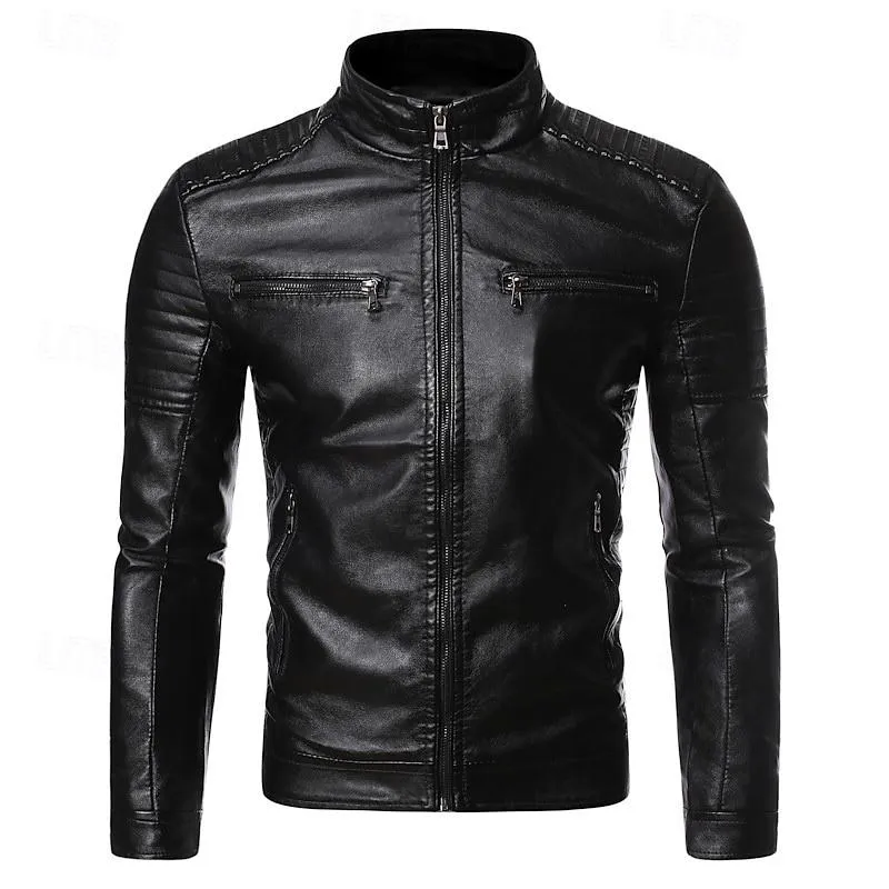 Men's Casual Stand Collar Zippered Chest Pocket Motorcycle Leather Jacket 46350057Y sold by Manly product image thumbnail 4