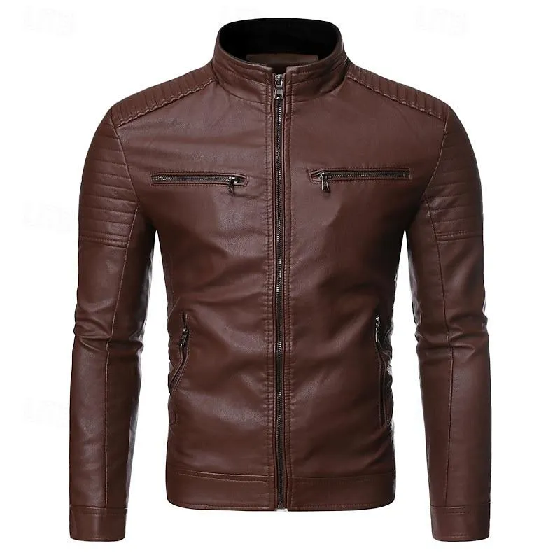 Men's Casual Stand Collar Zippered Chest Pocket Motorcycle Leather Jacket 46350057Y sold by Manly product image thumbnail 5