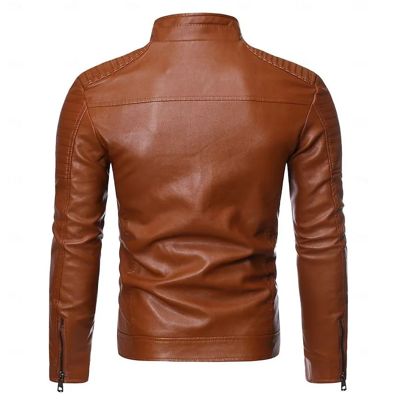 Men's Casual Stand Collar Zippered Chest Pocket Motorcycle Leather Jacket 46350057Y sold by Manly product image thumbnail 3