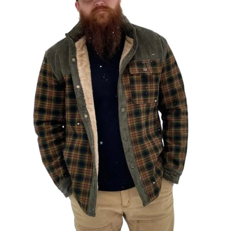 Men's Retro Check Stitching Corduroy Lining Plush Warm Jacket 19396468Y sold by Manly