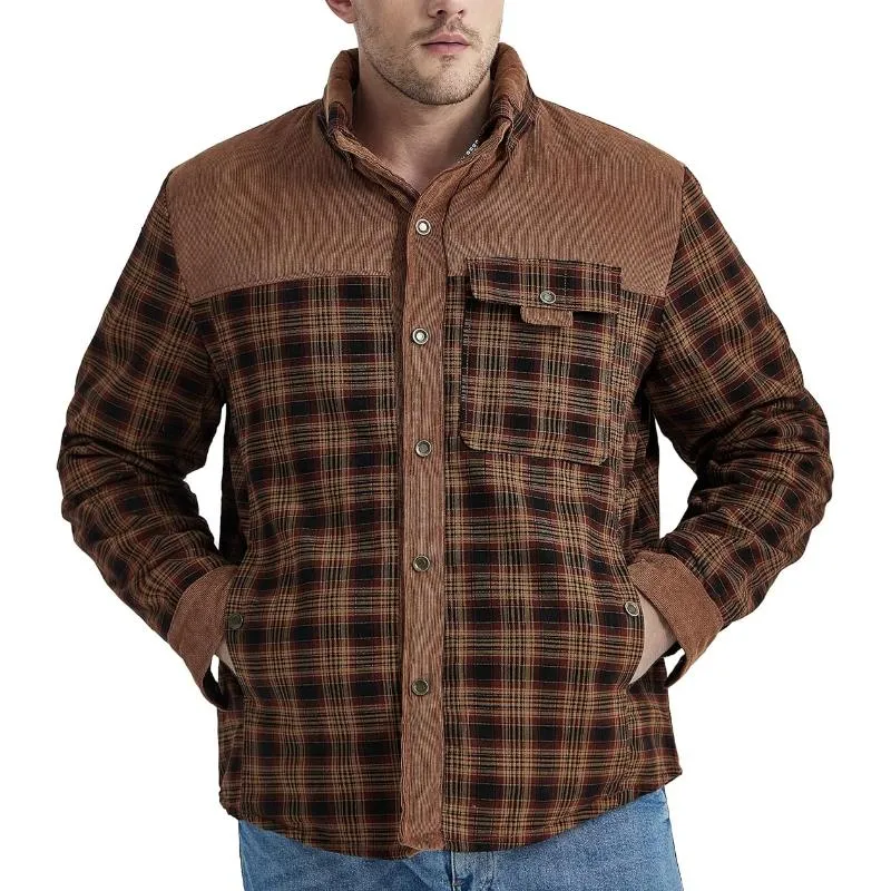 Men's Retro Check Stitching Corduroy Lining Plush Warm Jacket 19396468Y sold by Manly product image thumbnail 4