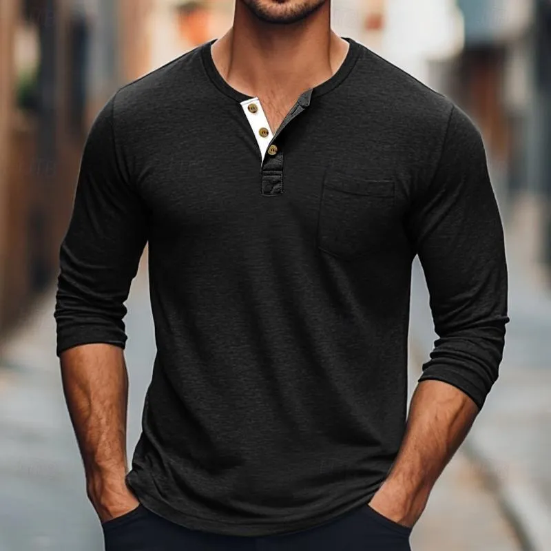 Men's Solid Color Button Round Neck Long Sleeve T-Shirt 64559660Y sold by Manly product image thumbnail 4