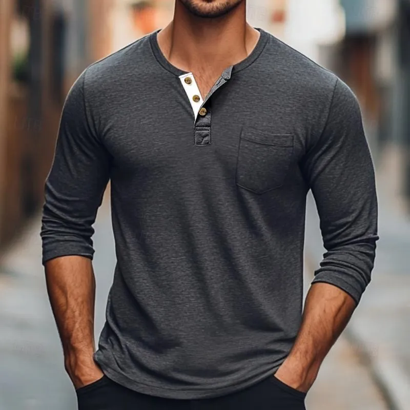Men's Solid Color Button Round Neck Long Sleeve T-Shirt 64559660Y sold by Manly product image thumbnail 2