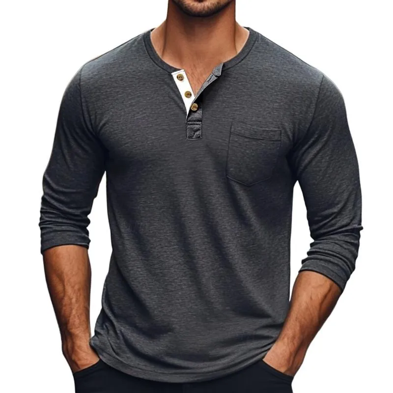 Men's Solid Color Button Round Neck Long Sleeve T-Shirt 64559660Y sold by Manly