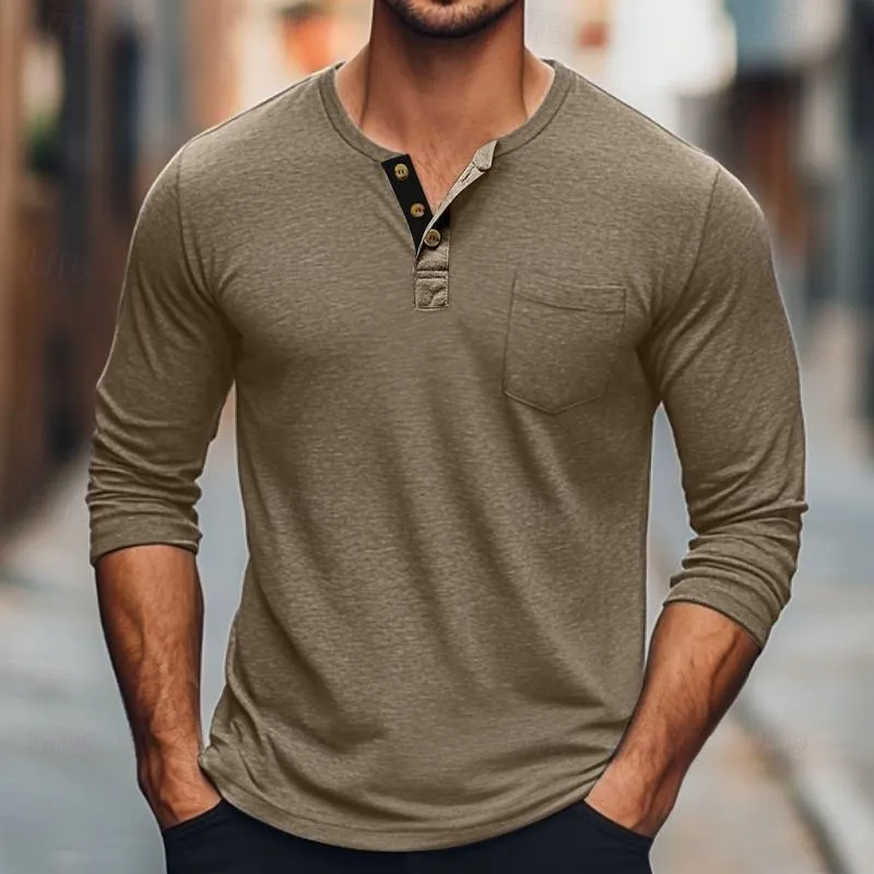 Men's Solid Color Button Round Neck Long Sleeve T-Shirt 64559660Y sold by Manly product image thumbnail 3
