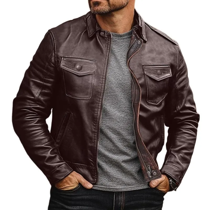 Men's Vintage Lapel Leather Motorcycle Jacket 38226954Y sold by Manly