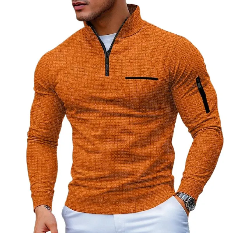 Men's Casual Waffle Zipper Stand Collar Long Sleeve Polo Shirt 75379500Y sold by Manly