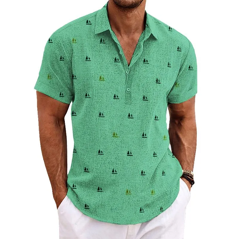 Men's Cotton and Linen Printed Lapel Short-sleeved Shirt 80351379X sold by Manly