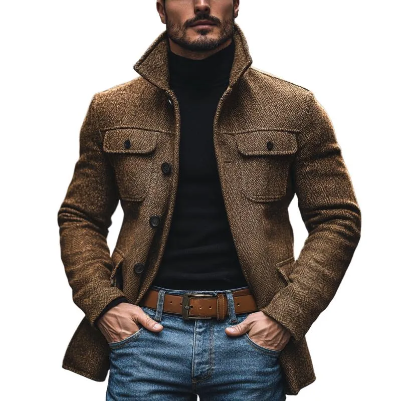 Men's Vintage Herringbone Lapel Multi-Pocket Mid-Length Coat 44035196M sold by Manly