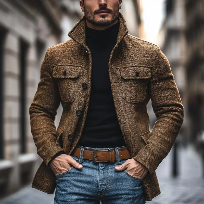 Men's Vintage Herringbone Lapel Multi-Pocket Mid-Length Coat 44035196M sold by Manly product image thumbnail 2