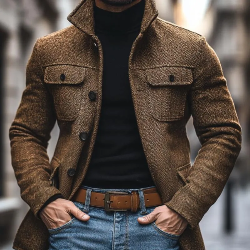 Men's Vintage Herringbone Lapel Multi-Pocket Mid-Length Coat 44035196M sold by Manly product image thumbnail 3