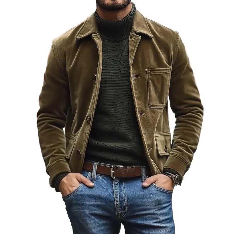 Men's Casual Suede Lapel Multi-Pocket Loose Cargo Jacket 13946994M sold by Manly