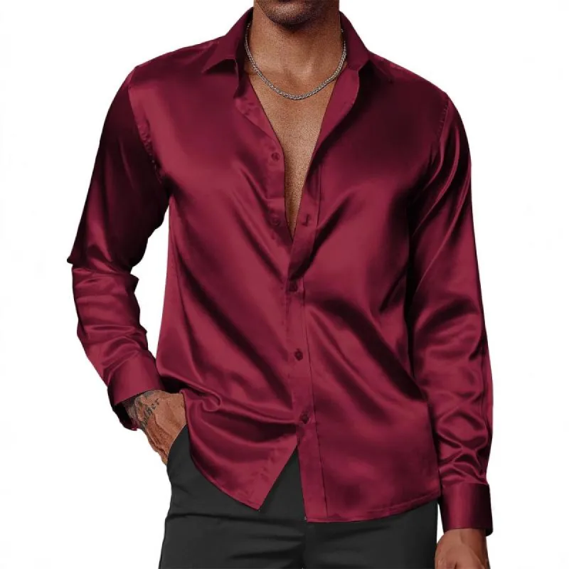 Men's Casual Solid Color Satin Lapel Long Sleeve Shirt 51577471Y sold by Manly